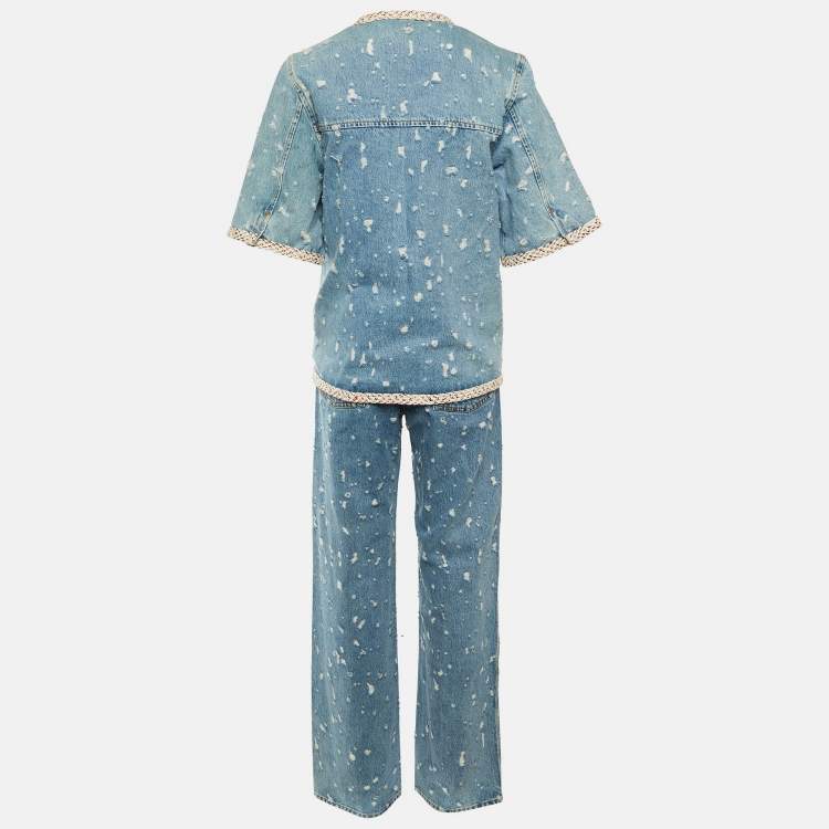 Pre Owned Sandro Blue Distressed Denim Lorette Jacket & Jeans Set S/L