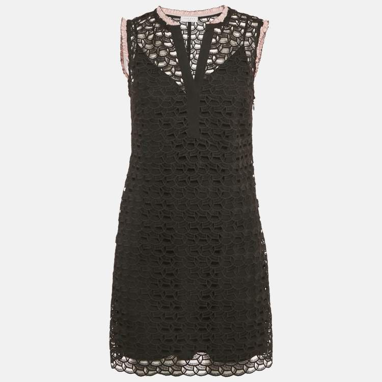 Pre Owned Sandro Black Lace Contrast Trim Detail Shift Dress M