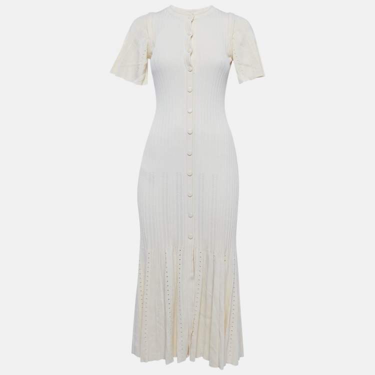 Pre Owned Sandro Cream Pointelle Knit Flared Midi Dress S