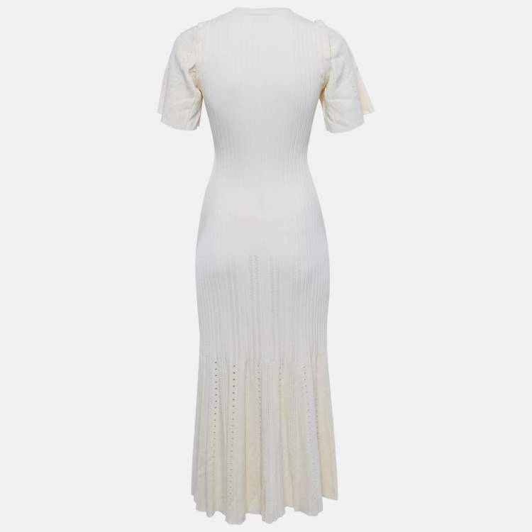 Pre Owned Sandro Cream Pointelle Knit Flared Midi Dress S