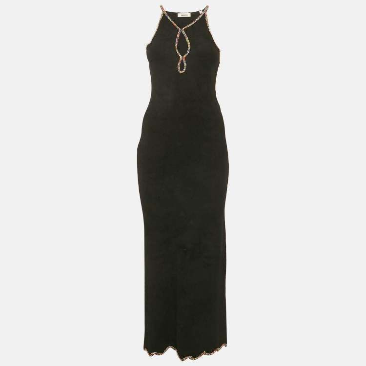 Pre Owned Sandro Black Velvet Knit Cutaway Teardrop Embellished Maxi Dress S