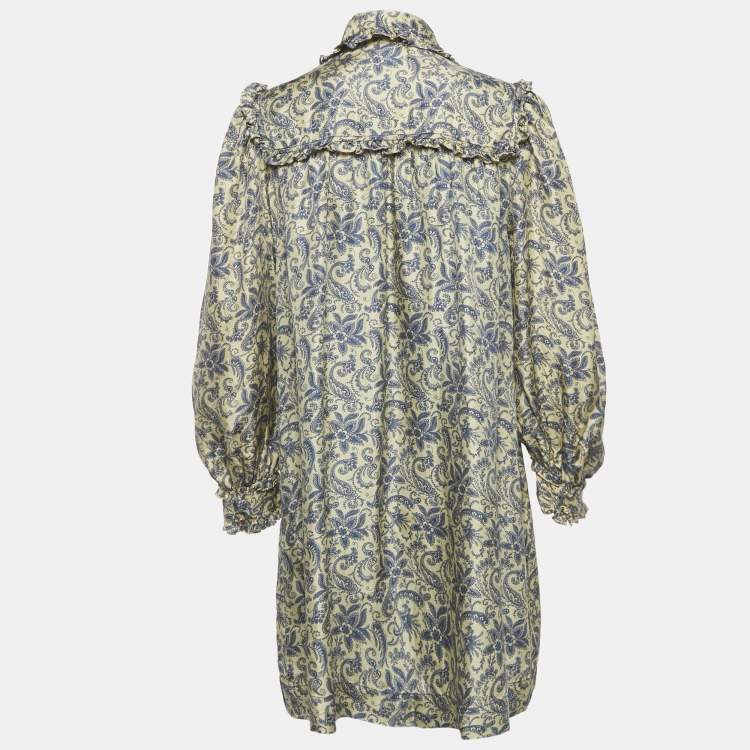 مملوكة مسبقًا Sandro Cream Harmonie Print Silk Ruffle Mini Dress S