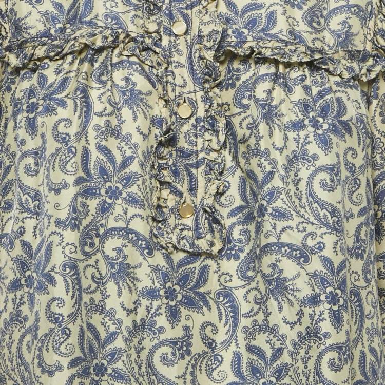 مملوكة مسبقًا Sandro Cream Harmonie Print Silk Ruffle Mini Dress S