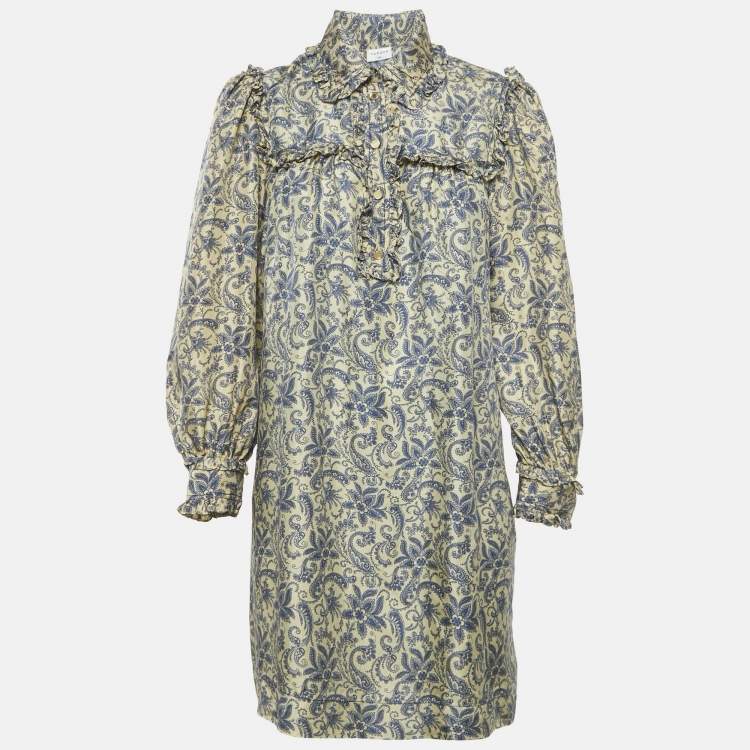 مملوكة مسبقًا Sandro Cream Harmonie Print Silk Ruffle Mini Dress S