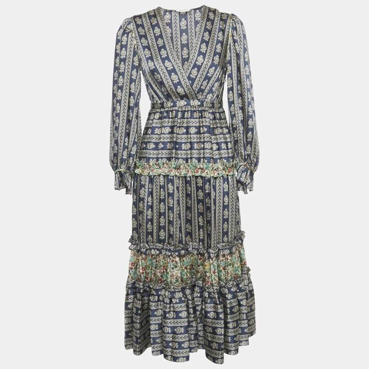 Pre Owned Sandro Navy Blue Floral Print Satin Valentina Ruffled Midi Dress XS