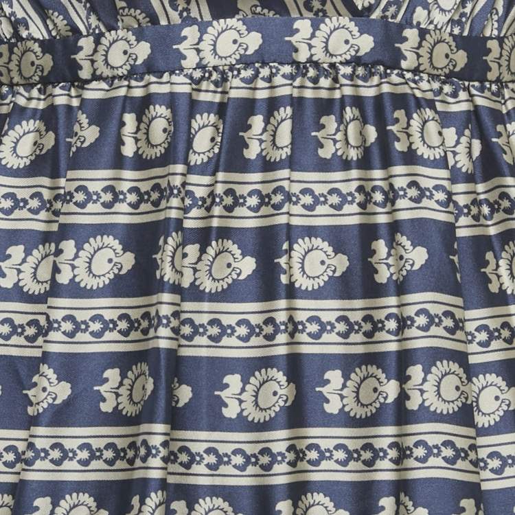 Pre Owned Sandro Navy Blue Floral Print Satin Valentina Ruffled Midi Dress XS