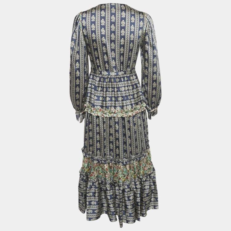 Pre Owned Sandro Navy Blue Floral Print Satin Valentina Ruffled Midi Dress XS