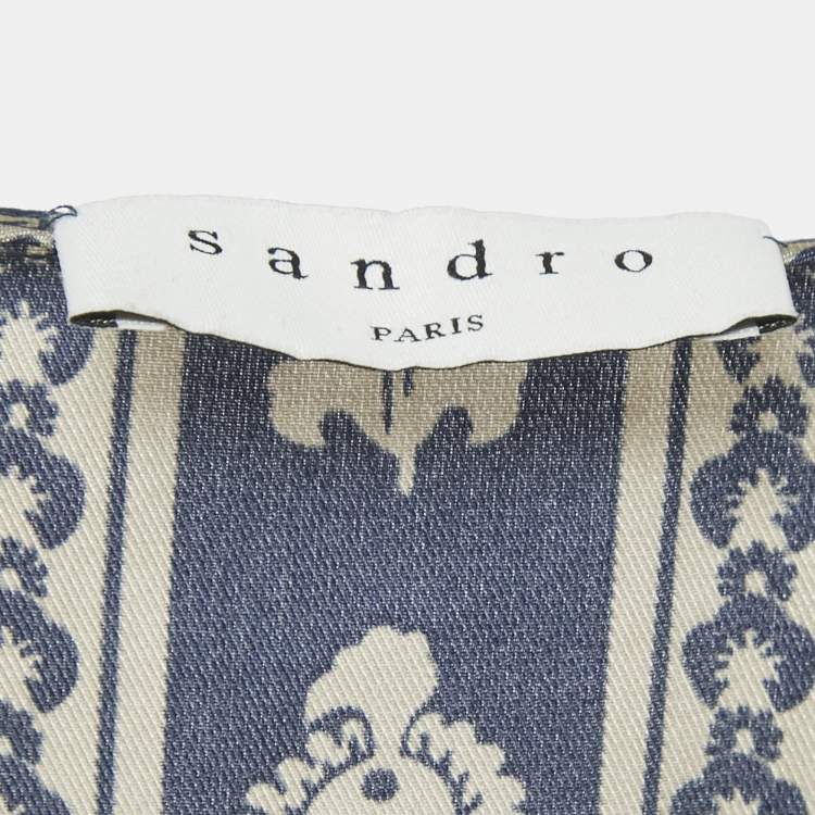 Pre Owned Sandro Navy Blue Floral Print Satin Valentina Ruffled Midi Dress XS