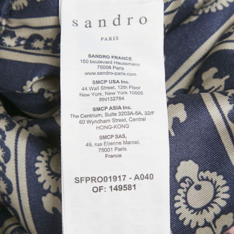 Pre Owned Sandro Navy Blue Floral Print Satin Valentina Ruffled Midi Dress XS