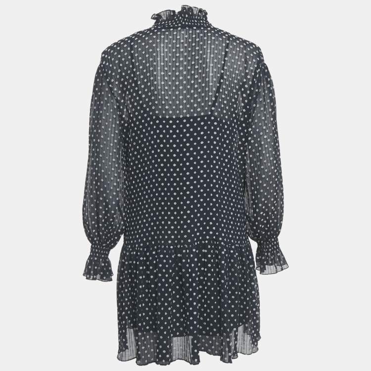 Pre Owned  Sandro Navy Blue Polka-Dot Georgette Fil Coupé Mini Dress M