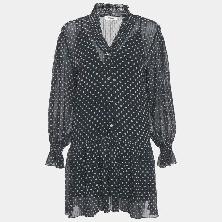 Pre Owned  Sandro Navy Blue Polka-Dot Georgette Fil Coupé Mini Dress M