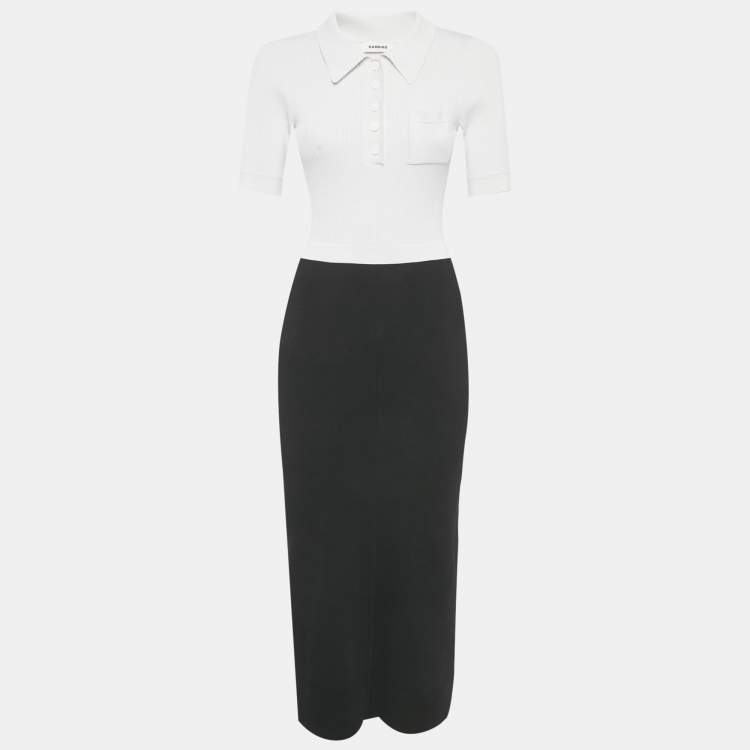 Pre Owned Sandro White/Black Rib Knit Midi Dress S