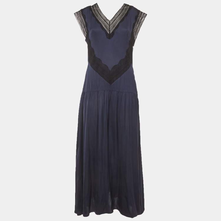 مملوكة مسبقًا Sandro Navy Blue Satin Eloy Lace-Inset Maxi Dress M