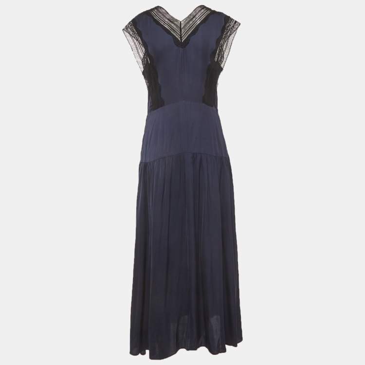 مملوكة مسبقًا Sandro Navy Blue Satin Eloy Lace-Inset Maxi Dress M