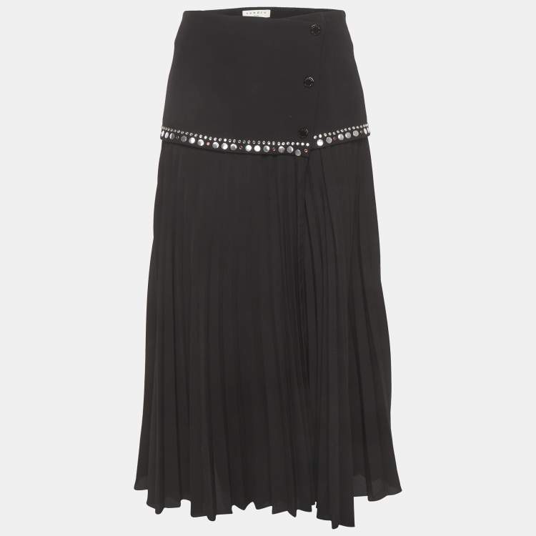 Pre Owned Sandro Black Crepe Embellished Plisse Midi Skirt M