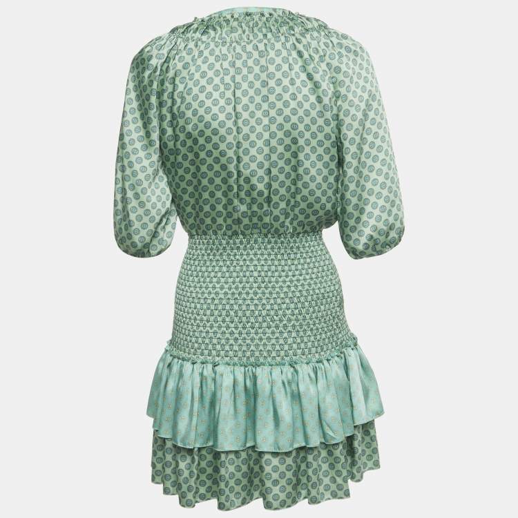 Pre Owned Sandro Green Printed Faille Smocked Detail Mini Dress S