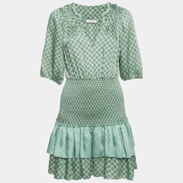 Pre Owned Sandro Green Printed Faille Smocked Detail Mini Dress S