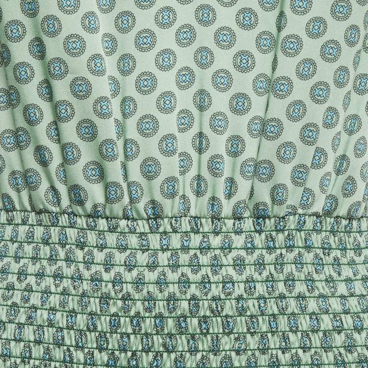 Pre Owned Sandro Green Printed Faille Smocked Detail Mini Dress S