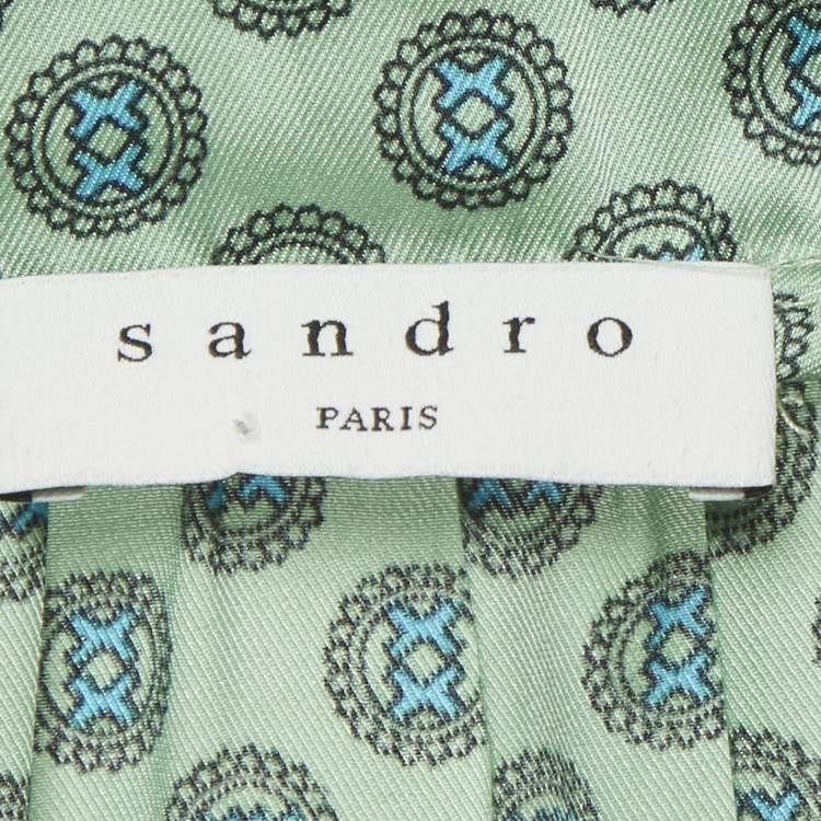 Pre Owned Sandro Green Printed Faille Smocked Detail Mini Dress S