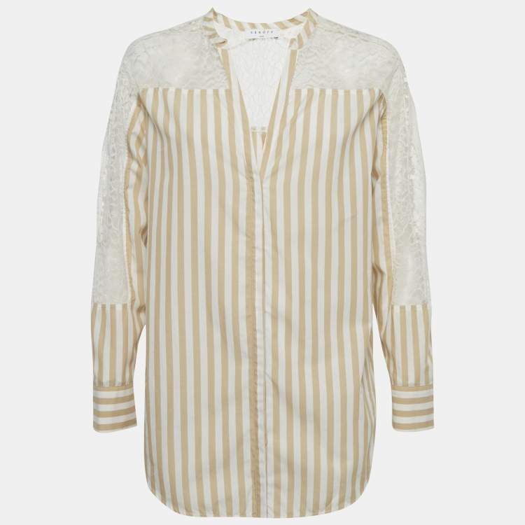 Pre Owned Sandro Beige & White Striped Cotton & Lace Shirt M