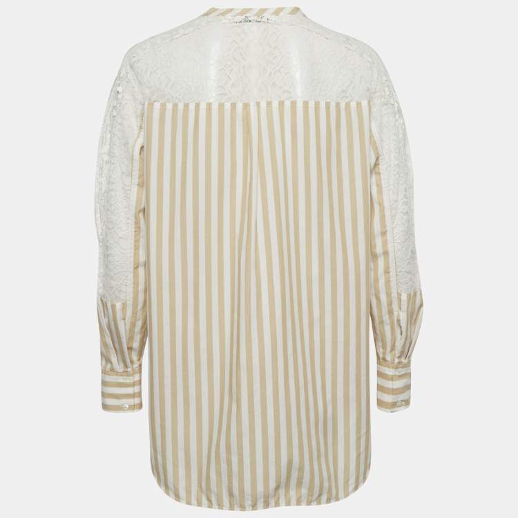 Pre Owned Sandro Beige & White Striped Cotton & Lace Shirt M