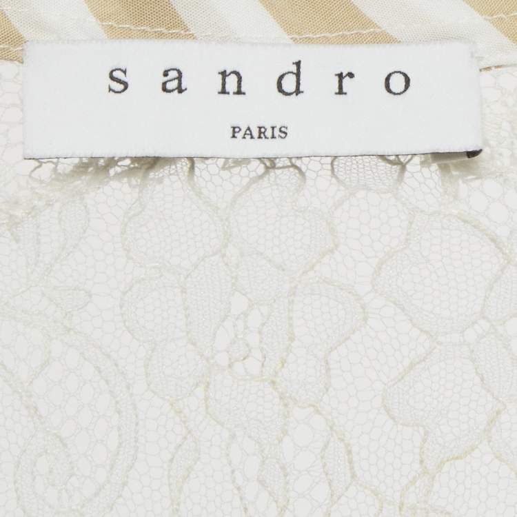 Pre Owned Sandro Beige & White Striped Cotton & Lace Shirt M