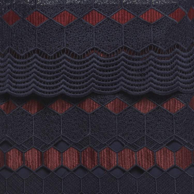 Pre Owned Sandro Blue/Maroon Lace Top and Pencil Skirt Set L/M