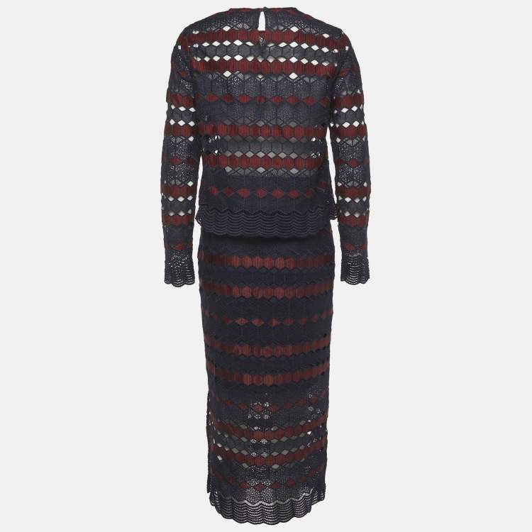 Pre Owned Sandro Blue/Maroon Lace Top and Pencil Skirt Set L/M