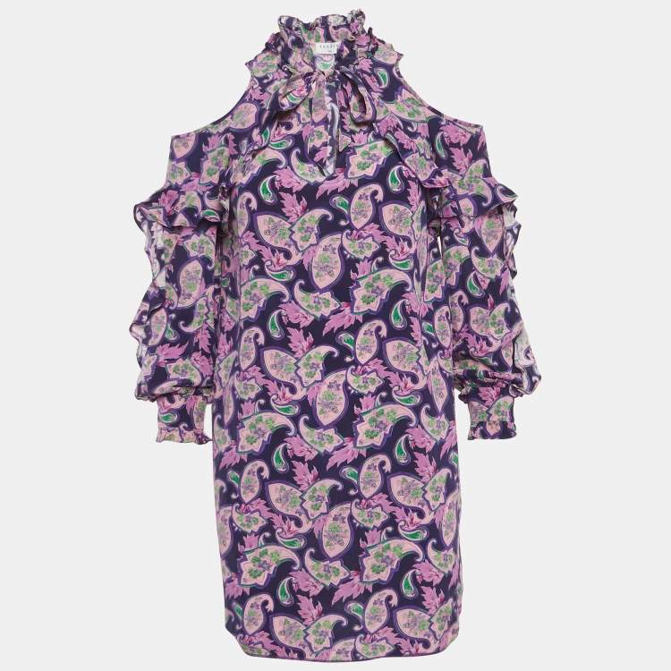 Pre Owned Sandro Purple Printed Silk Ruffled Cold-Shoulder Dress S