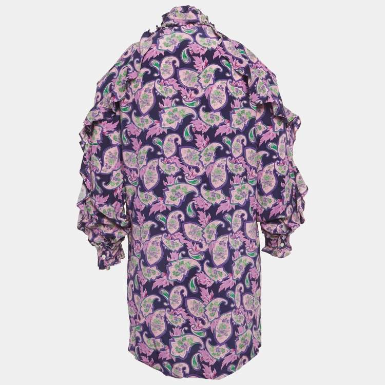 Pre Owned Sandro Purple Printed Silk Ruffled Cold-Shoulder Dress S