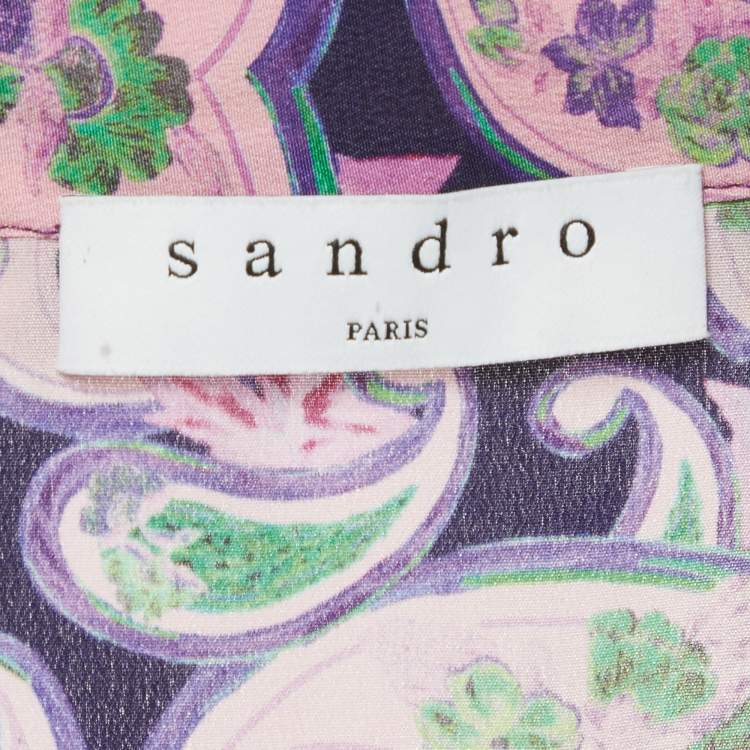 Pre Owned Sandro Purple Printed Silk Ruffled Cold-Shoulder Dress S