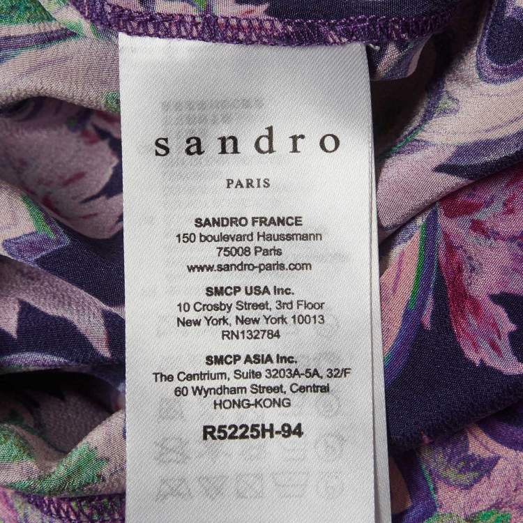 Pre Owned Sandro Purple Printed Silk Ruffled Cold-Shoulder Dress S