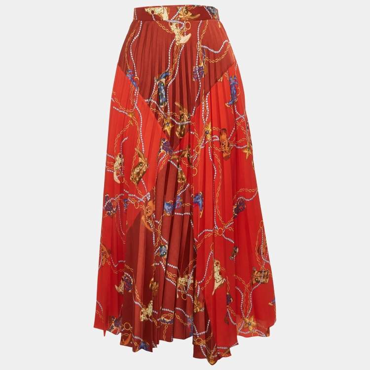 Pre Owned Sandro Red Printed Crepe Plisse Maxi Skirt M