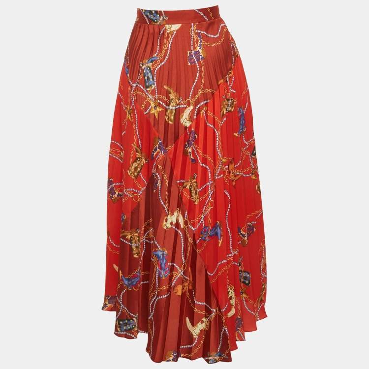 Pre Owned Sandro Red Printed Crepe Plisse Maxi Skirt M