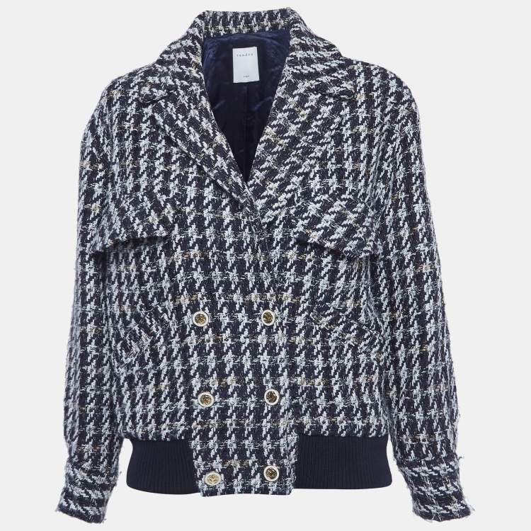 Pre Owned Sandro Blue/White Houndstooth Double Breasted Jacket S