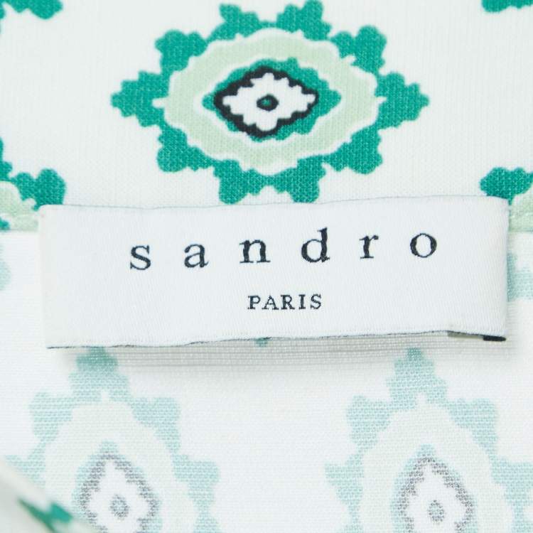 Pre Owned Sandro White/Green Print Cotton Tiered Midi Skirt S