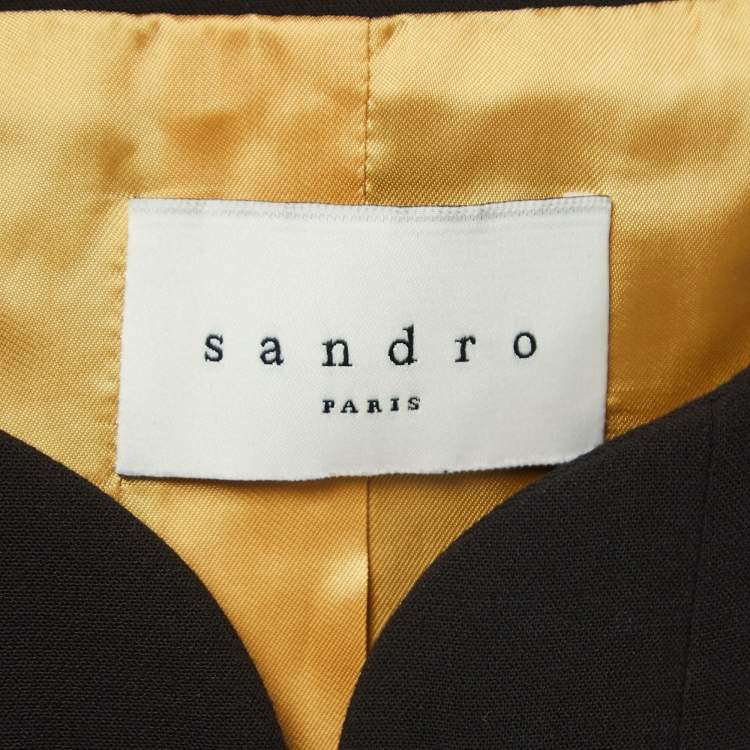 Pre Owned Sandro Black Crepe Leather Trim Buttoned Blazer XS