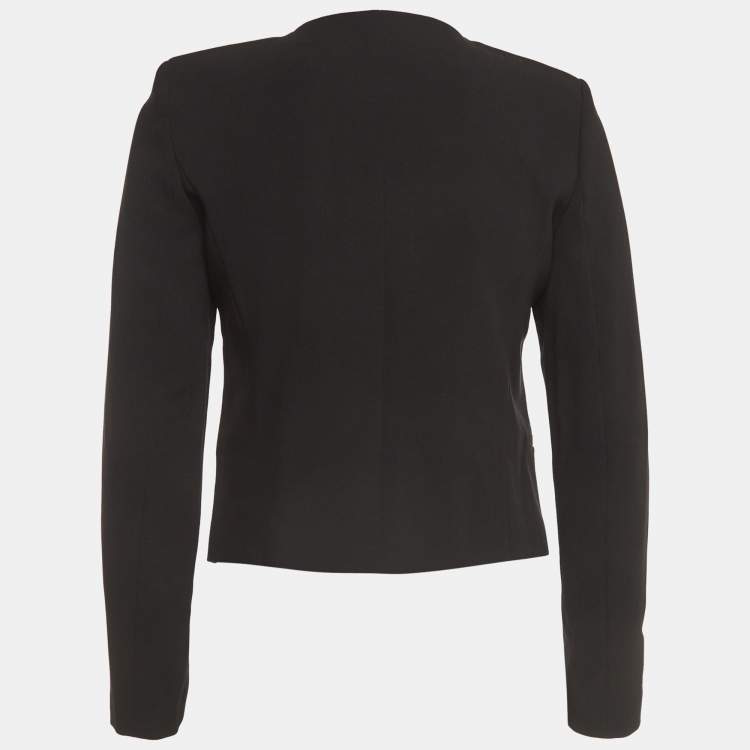 Pre Owned Sandro Black Crepe Leather Trim Buttoned Blazer XS