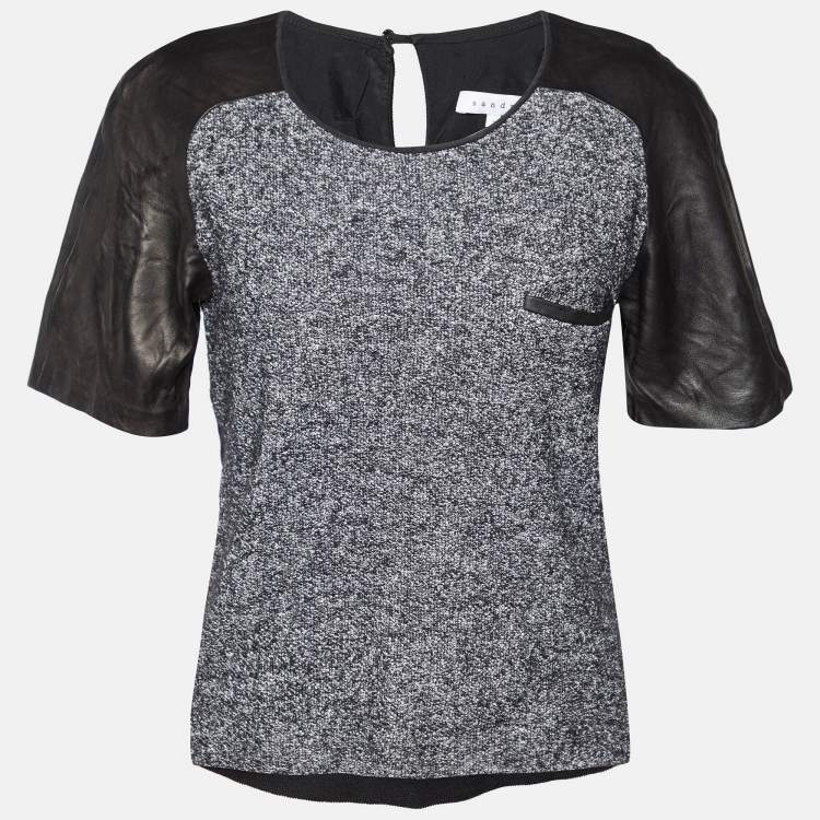 Pre Owned Sandro Black Terry & Leather Short Sleeve Blouse L