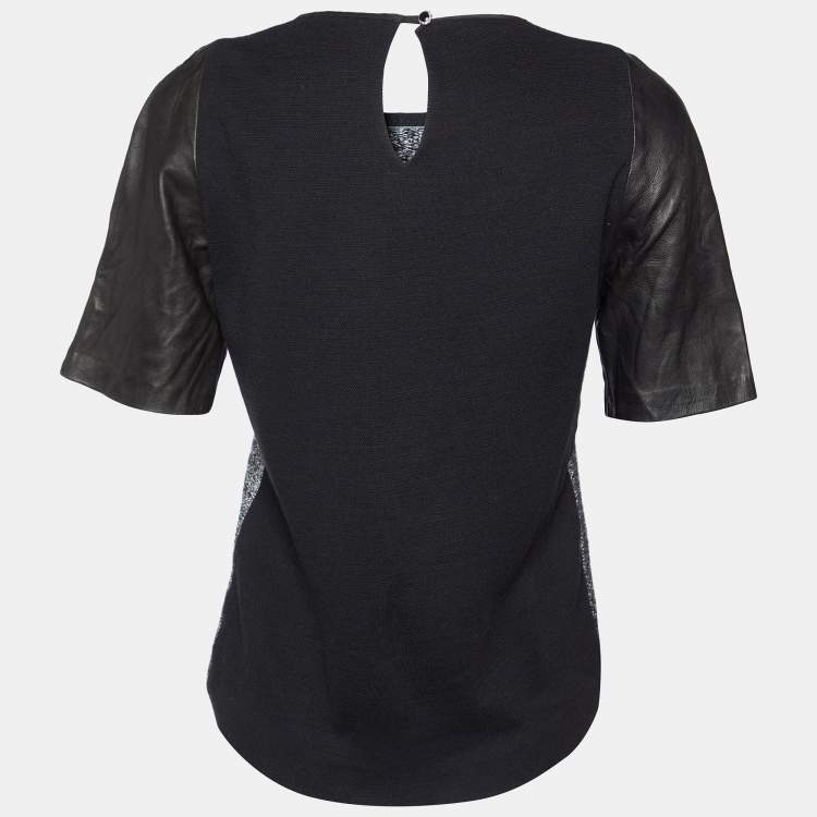 Pre Owned Sandro Black Terry & Leather Short Sleeve Blouse L