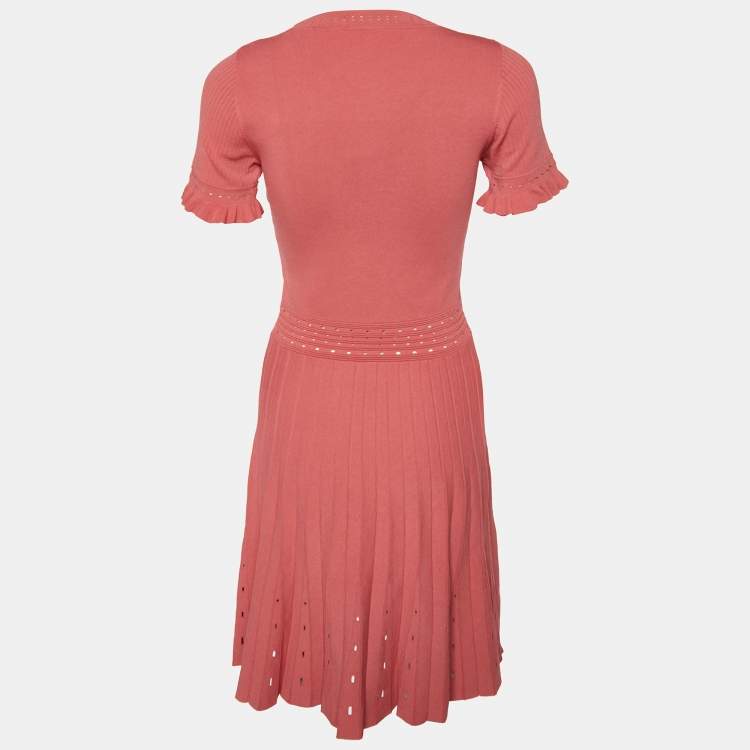 Pre Owned Sandro Coral Pink Eyelet Knit Etor Pleated Dress M