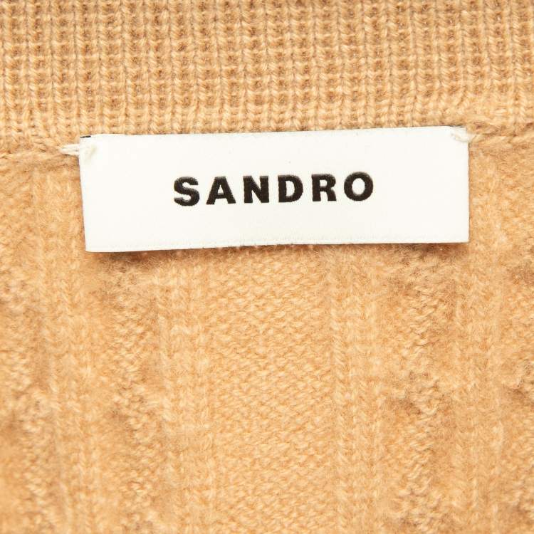 Pre Owned Sandro Beige Wool Cable Knit Zipper Crop Cardigan XL