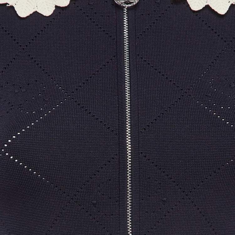 Pre Owned Sandro Navy Blue Patterned Knit Zip-Up Mini Dress S