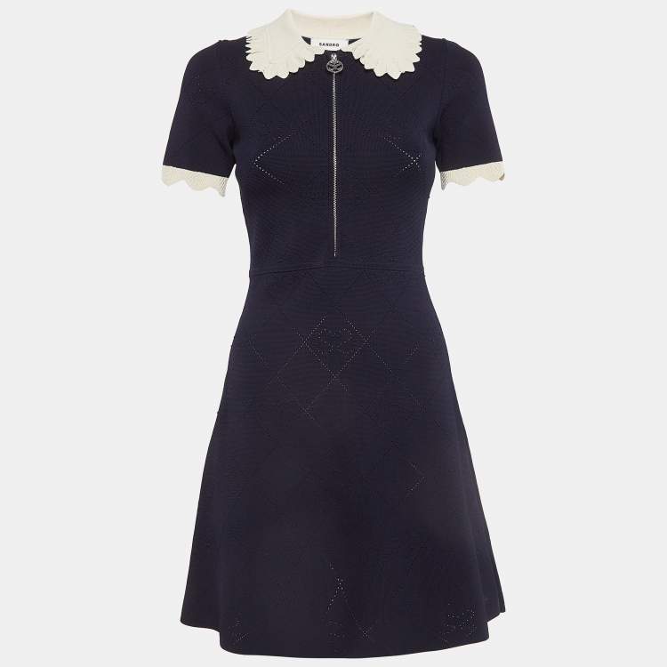 Pre Owned Sandro Navy Blue Patterned Knit Zip-Up Mini Dress S