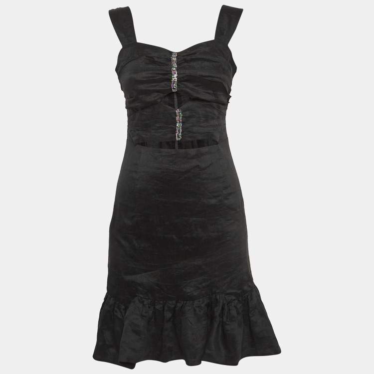 Pre Owned Sandro Black Crystal Embellished Linen Blend Cut-Out Detail Mini Dress S
