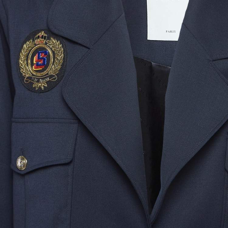 Pre Owned Sandro Navy Blue Wool Crest Patch Detail Short Blazer M