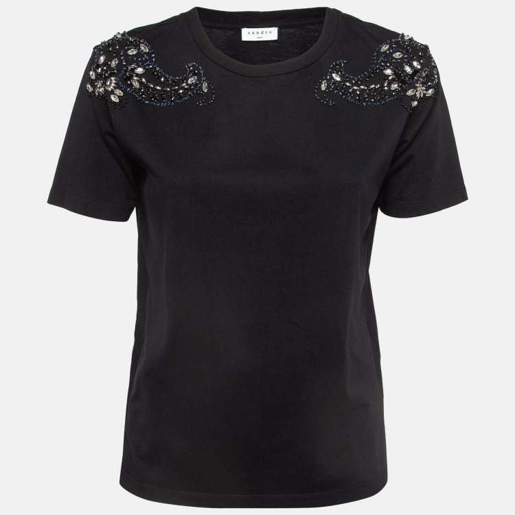 Pre Owned Sandro Black Cotton Knit Crystal Embellished T-Shirt S