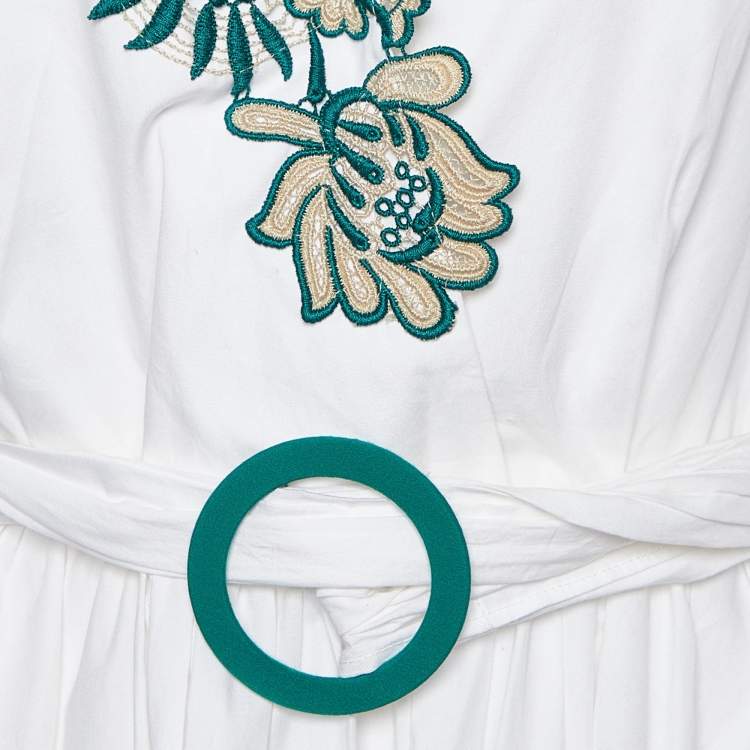 Pre Owned Sandro White Cotton Applique Detail Belted Mini Dress S