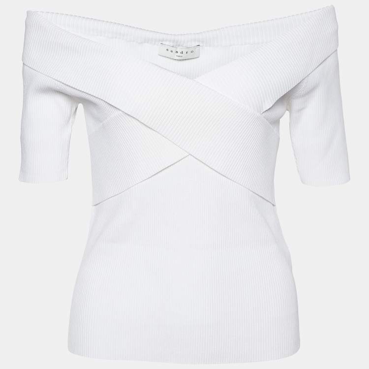 Pre Owned Sandro White Rib Knit Criss-Cross Detail Galina Top L