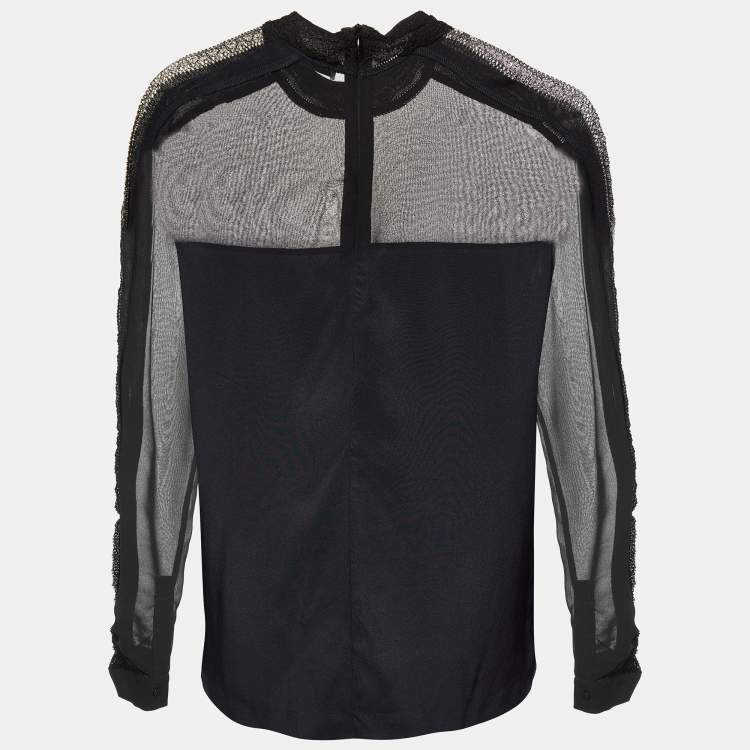 Pre Owned Sandro Black Silk & Knit Paneled Long Sleeve Top M